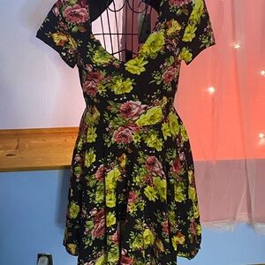 Green and Pink Fit and Flare Mini Dress with Flutter Sleeves